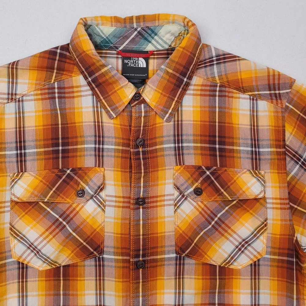 North Face Shirt Mens Small Orange Yellow Plaid Short Sleeve Button Up Outdoor